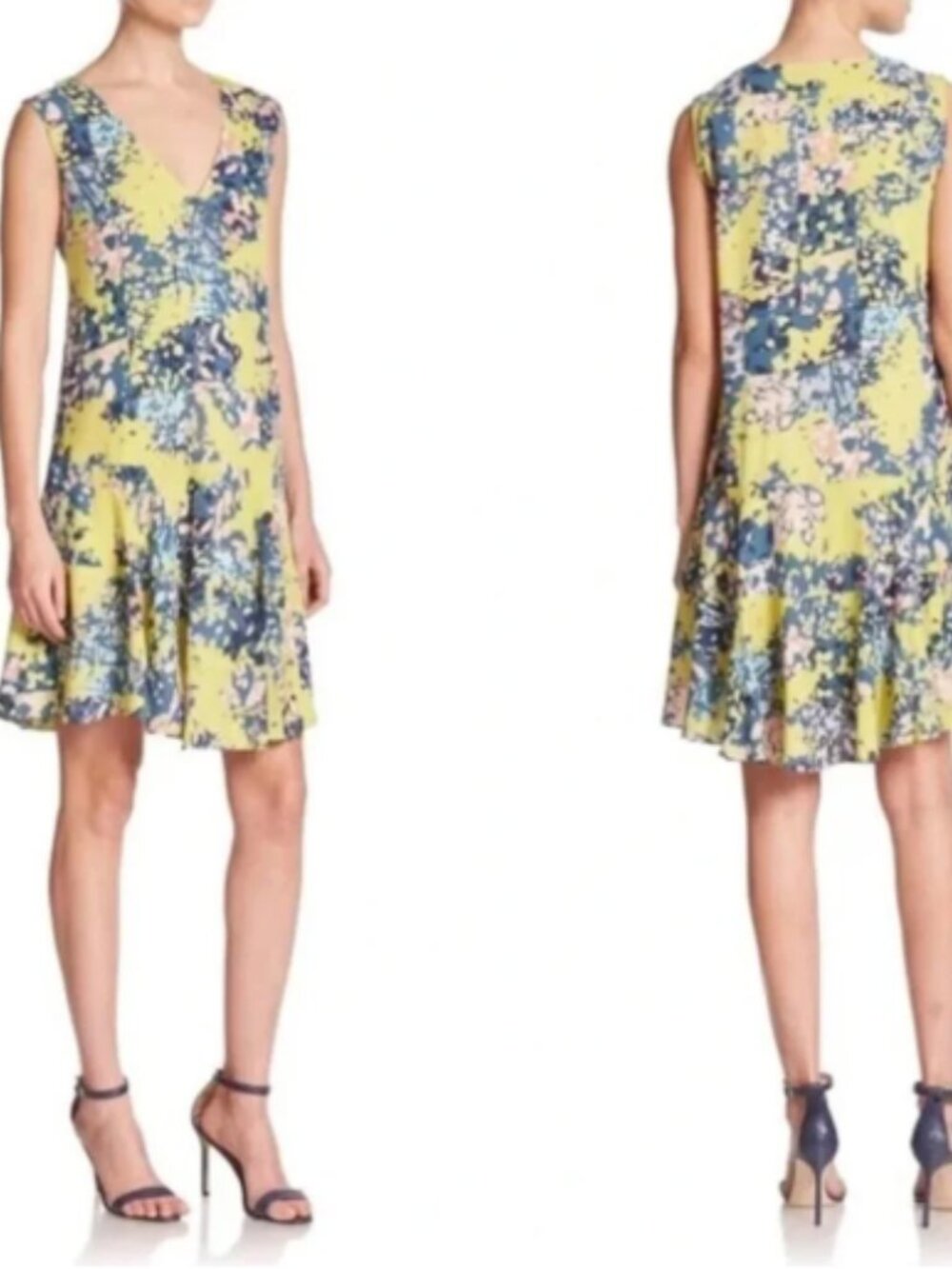 BCBGMaxAzria Chartreuse Floral Print Sleeveless Drop Waist Dress Size S